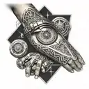 cyborg arm and forearm with triangular all-seeing eye tattoo design idea