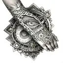 cyborg arm and forearm with triangular all-seeing eye tattoo design idea