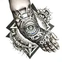 cyborg arm and forearm with triangular all-seeing eye tattoo design idea