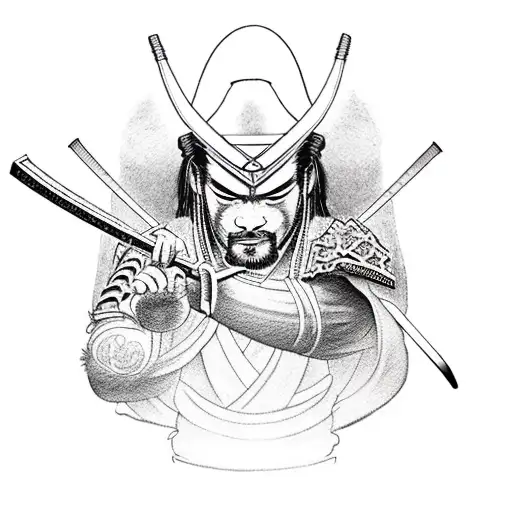 Samurai warrior, katana, japanese lettering strength and honor  tattoo design idea