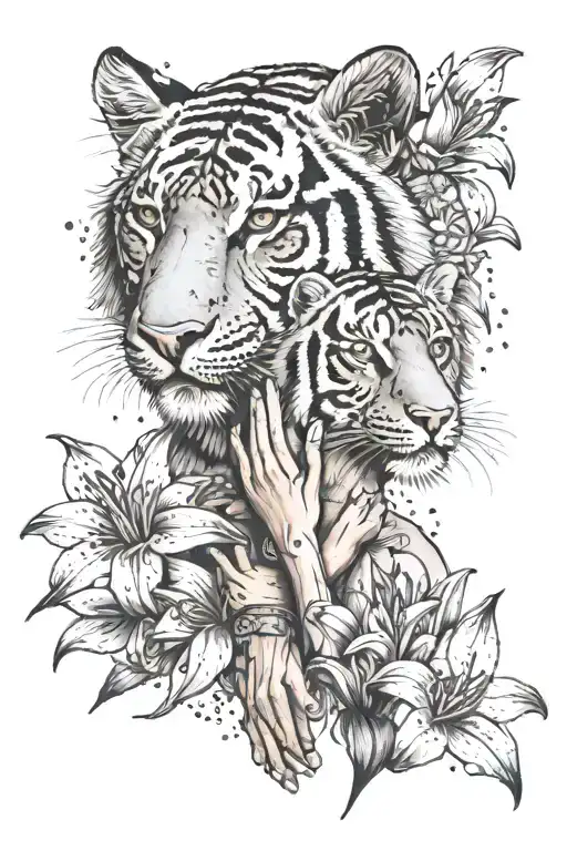 A detailed dotwork design of a mother holding hands with her child, surrounded by tiger lily flowers as a symbol of love and family bonds tattoo design idea