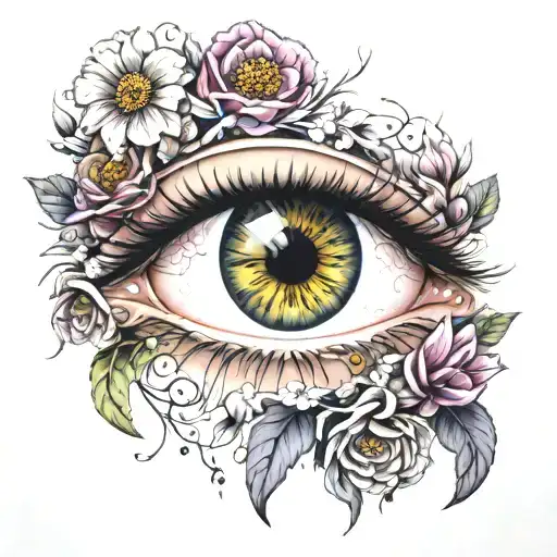 realistic eye with flowers around it tattoo design idea