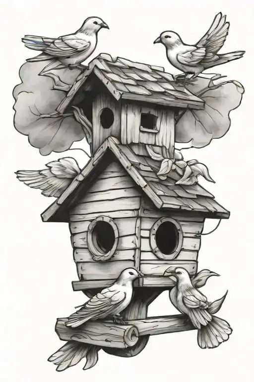 bird house with 2 doves flying tattoo design idea