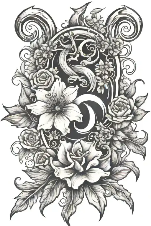 Sagittarius and Capricorn flowers with sign intertwined tattoo design idea