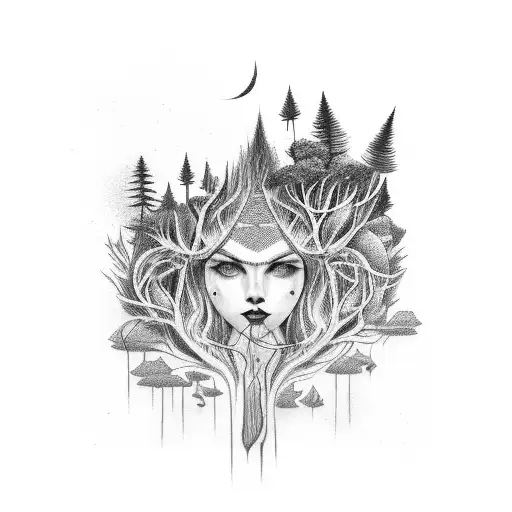forest surrealist tattoo design idea