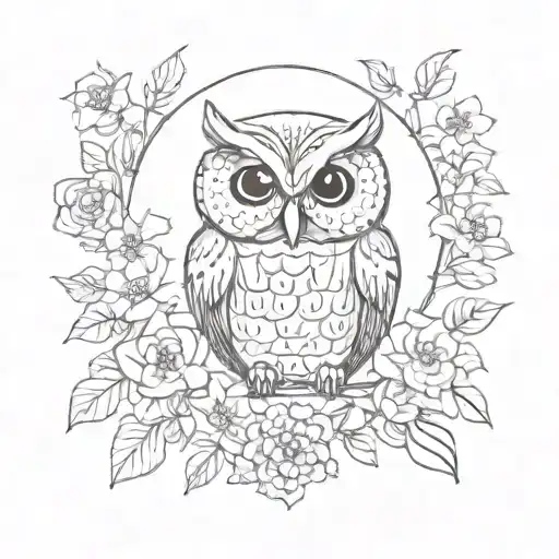 cute simple owl with flowers tattoo design idea