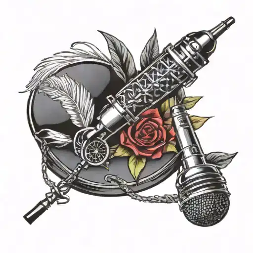 Microphone, quill, tie, high heels, tattoo design idea
