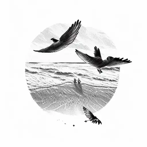 A beach scene with a bird flying overhead tattoo design idea