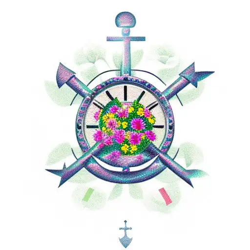 Clock; Anchor, cross, flowers tattoo design idea