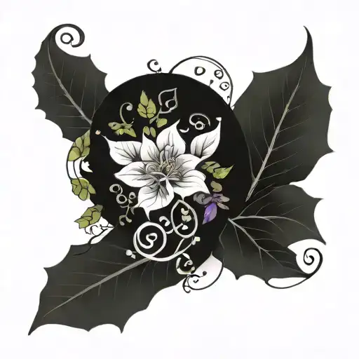 Minimalist Oroboros covered in ivy vines wrapping itself and dotted with violet and jasmine flowers  tattoo design idea