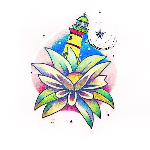 tropical flower, sea shore, sunset, lighthouse tattoo design idea