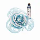 tropical flower, sea shore, sunset, lighthouse tattoo design idea