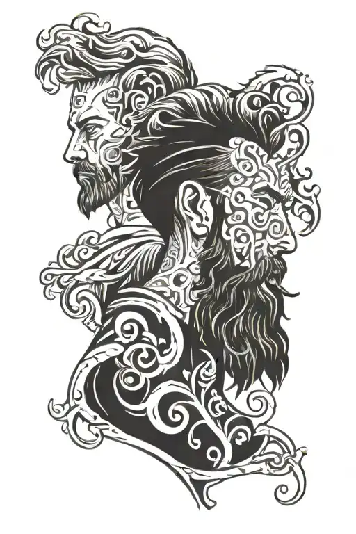 The image features a tattoo design showcasing two distinct images. On the left, there's a depiction of a bearded man's f tattoo design idea