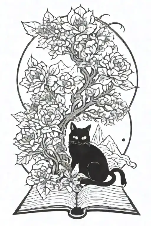 black cat books mountains flowers intertwined tattoo design idea
