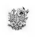 a masculine tattoo that is symmetrical around my elbow that incorporates hellabores, foxgloves and lupin flowers tattoo design idea