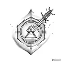 a Sagittarius arrow and bow, fine line, mixing fire element tattoo design idea