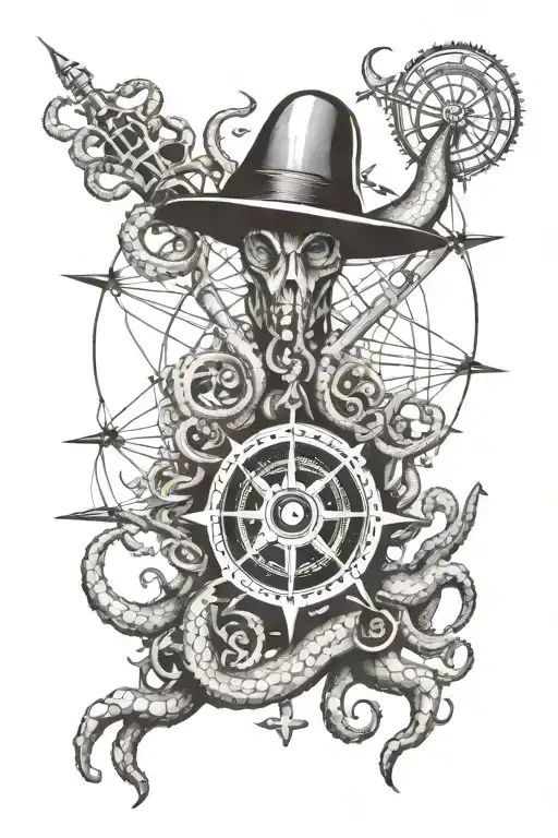 octopus wrapping around a nautical compass, anchor and ships wheel black and white tattoo design idea