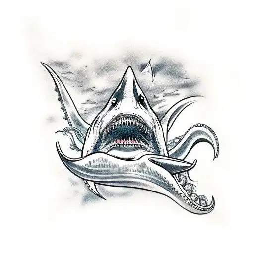 shark fighting a giant octopus, located in a human skull tattoo design idea