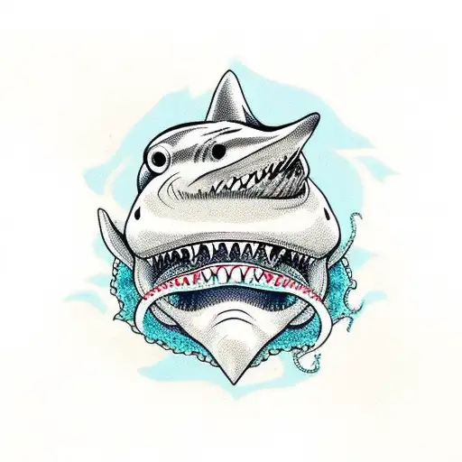 shark fighting an octopus, located in a human skull tattoo design idea