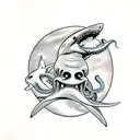 shark fighting an octopus, located in a human skull tattoo design idea