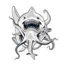 shark fighting an octopus, located in a human skull tattoo design idea