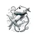 shark fighting an octopus, located in a human skull tattoo design idea