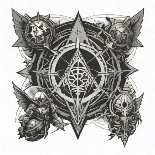 VIdeo game style tattoo, with characters or iconic symbols from Destiny 2, Halo, The Witcher, Assassins creed tattoo design idea