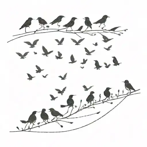 13 small blackbirds in a line on a forearm flying away on the horizon tattoo design idea