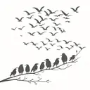 13 small blackbirds in a line on a forearm flying away on the horizon tattoo design idea