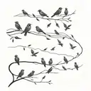 13 small blackbirds in a line on a forearm flying away on the horizon tattoo design idea