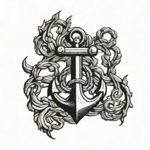A blackwork tattoo of a Navy anchor intertwined with a family tree, symbolizing the client's dedication to both their occupation and loved ones tattoo design idea