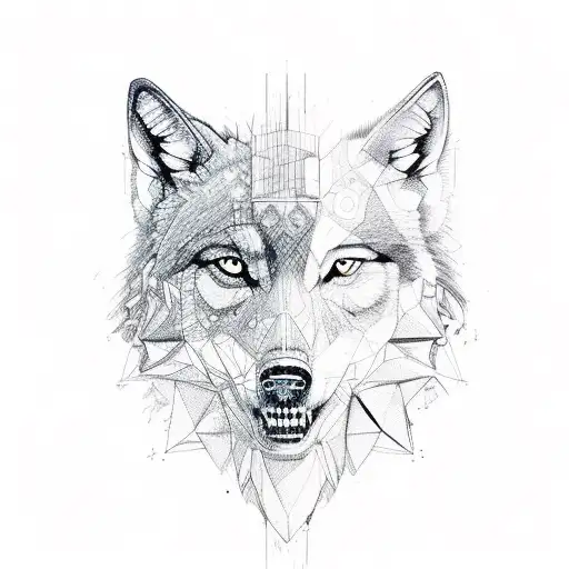 Villalobos in vertical with on the right side having a half of a wolf face  tattoo design idea