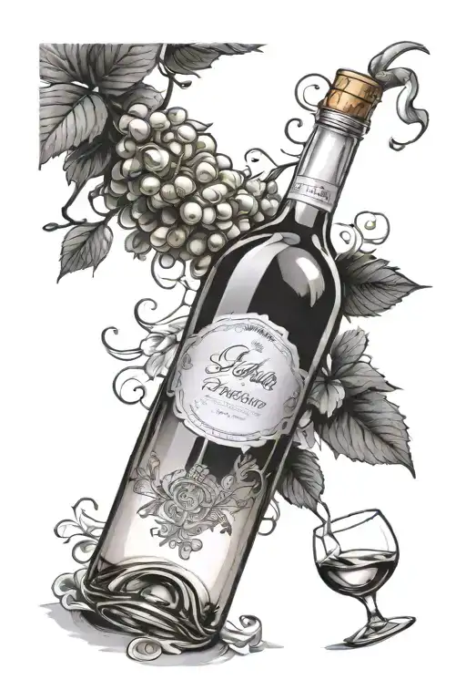 Create a black and white graphic-style tattoo sketch. The main element is a transparent bottle of white wine, with the l tattoo design idea