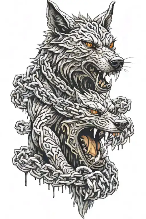 Fenrir bound in chains breaking and bursting tattoo design idea