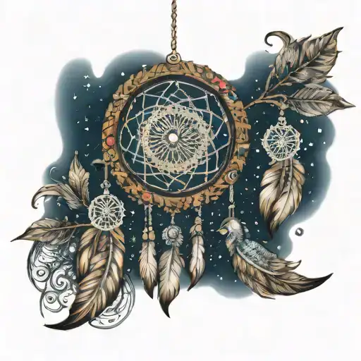 dream catcher very detailed starry night sky with jewels lace and henna affect feathers and beads tattoo design idea