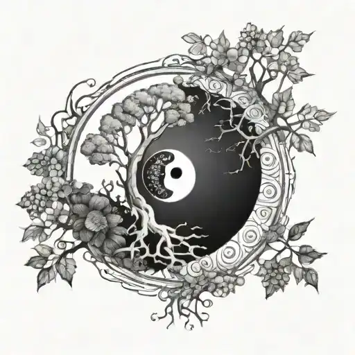 yin yang tree of life representing growth with clarity on chaos within peace and peace within chaos tattoo design idea
