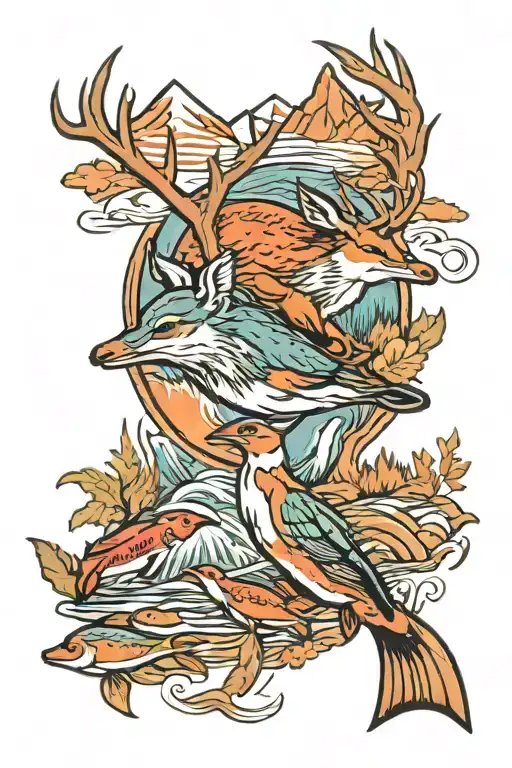 mountain river deer duck salmon tattoo design idea