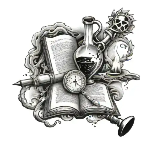 open books with potions and cosmic influence with medieval and alchemical style tattoo design idea