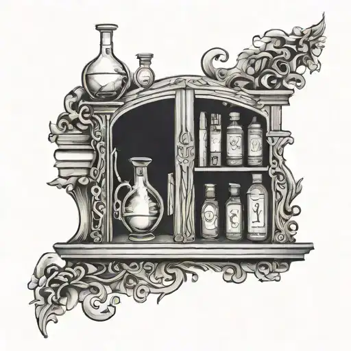 intricate book shelf with potions bottle tattoo design idea