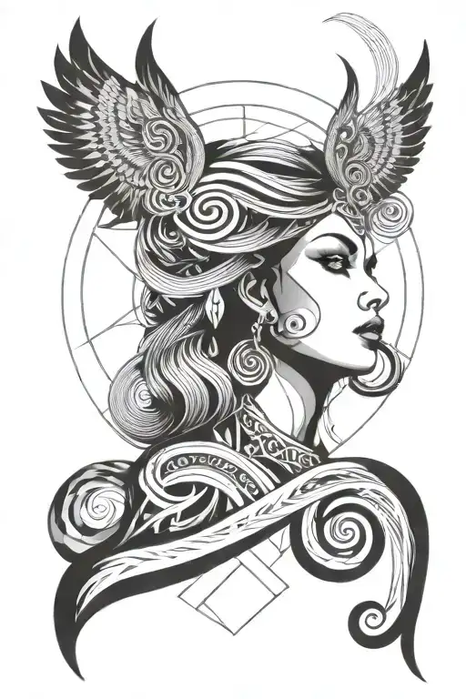 divine goddess with spiral background and owl eyes emerging tattoo design idea