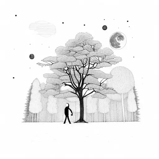 A lone forest at night moon with a single man  tattoo design idea