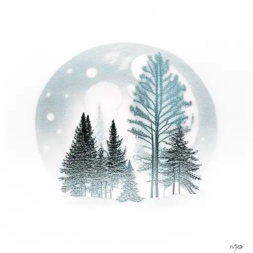 A lone forest at night moon with a single man  tattoo design idea