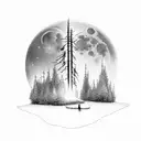 A lone forest at night moon with a single man  tattoo design idea