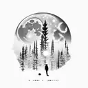 A lone forest at night moon with a single man  tattoo design idea