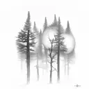 A lone forest at night moon with a single man  tattoo design idea