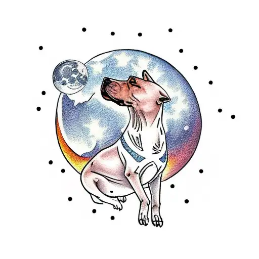 A traditional tattoo of a pitbull howling at the moon with snow-capped mountains in the background tattoo design idea