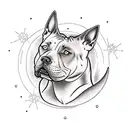 A traditional tattoo of a pitbull howling at the moon with snow-capped mountains in the background tattoo design idea
