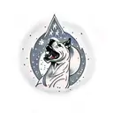 A traditional tattoo of a pitbull howling at the moon with snow-capped mountains in the background tattoo design idea
