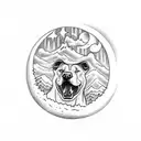 A traditional tattoo of a pitbull howling at the moon with snow-capped mountains in the background tattoo design idea