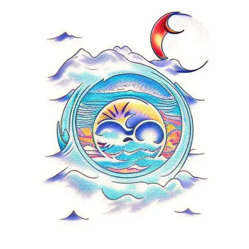 sun, moon and water waves  tattoo design idea